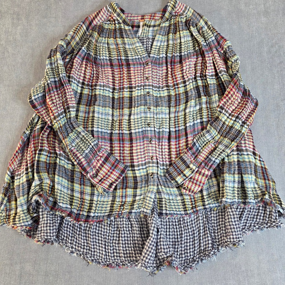 Free People Plaid Button Top Women XS Come On Over Multi Color Boho Oversized